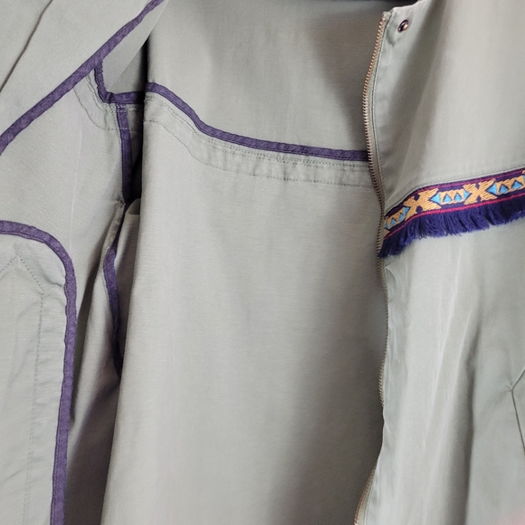 ZARA green cotton twill bell sleeve tribal southwest fringe trim zip jacket - Picture 10 of 14